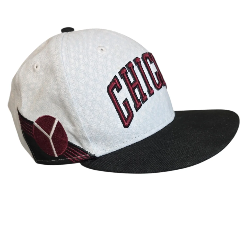 New Era White and Black Chicago Snapback Hat with Burgundy Lettering